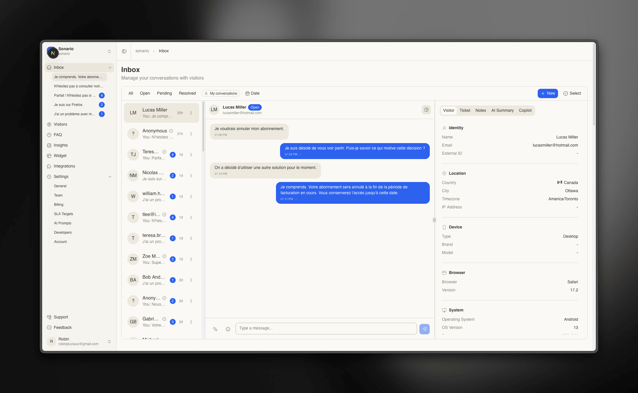 Sonario Dashboard - Unified Inbox for Customer Support